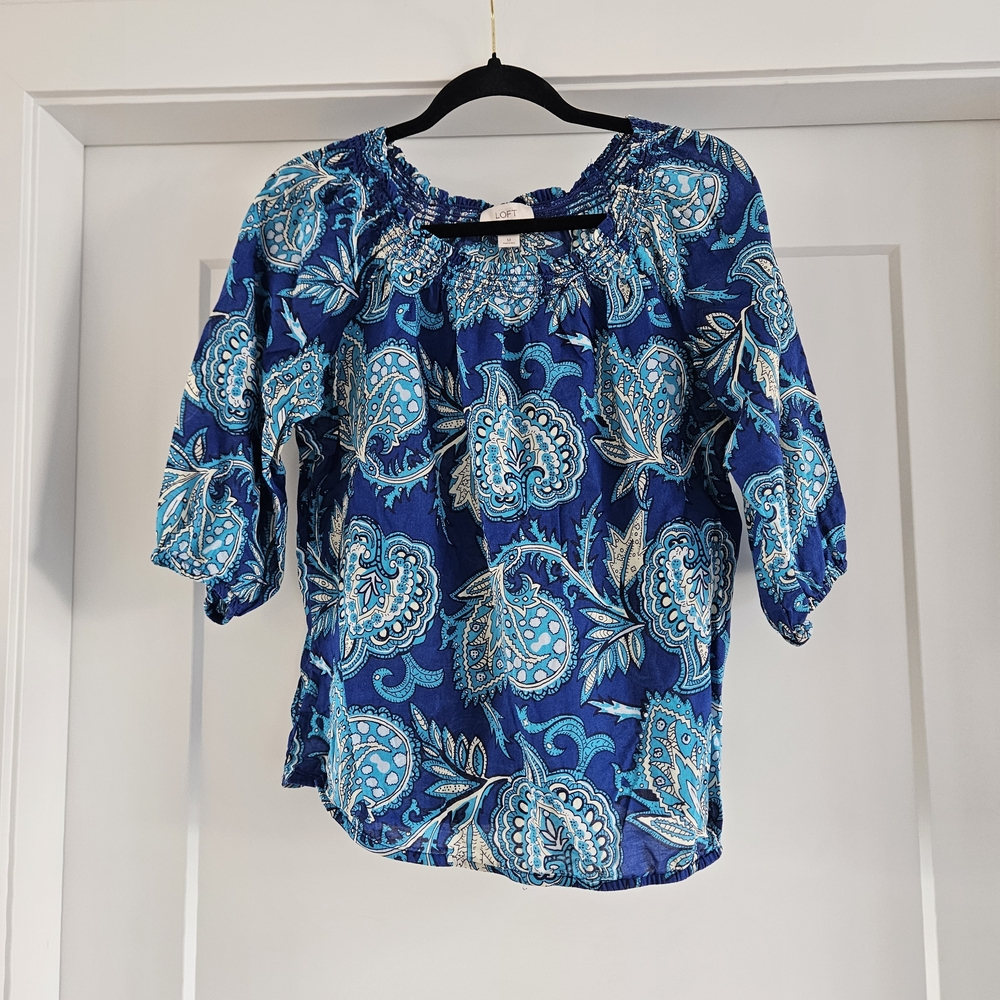 LOFT Blue Paisley Smocked Neck Blouse